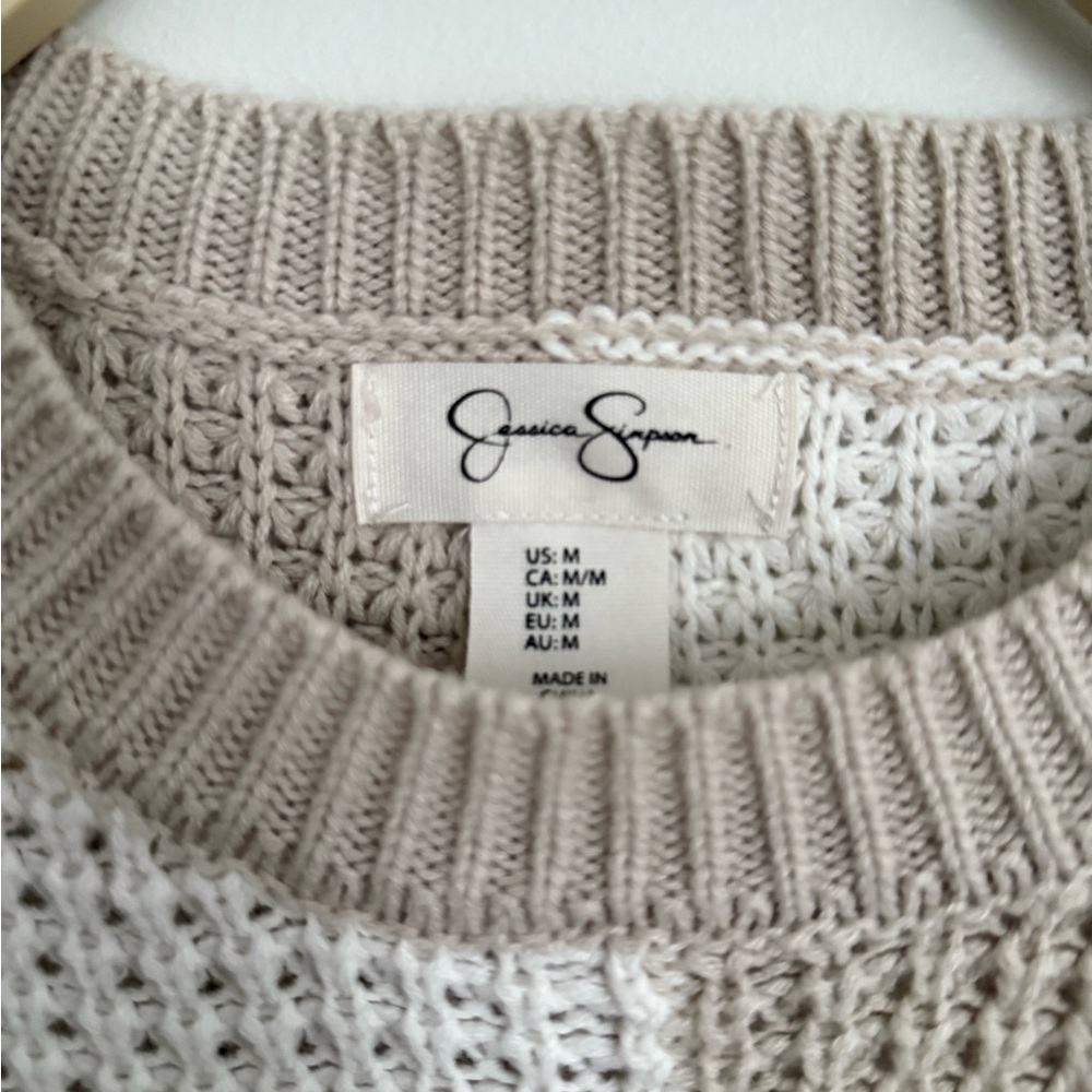 Jessica Simpson Beige and Cream Colorblock Waffle Knit Crewneck Sweater - Picture 3 of 3